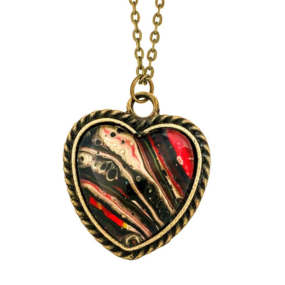Handmade Abstract Pendant Necklace – Black, Gold & Red Heart Brass Frame